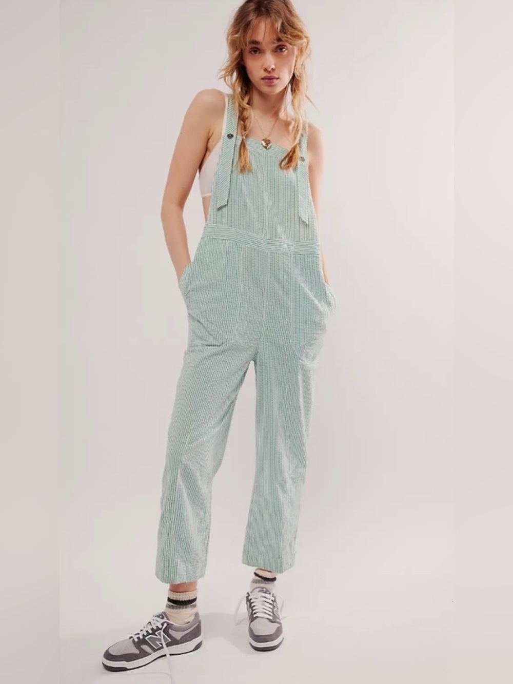 Free People In Town Overalls in Green Combo Stripe